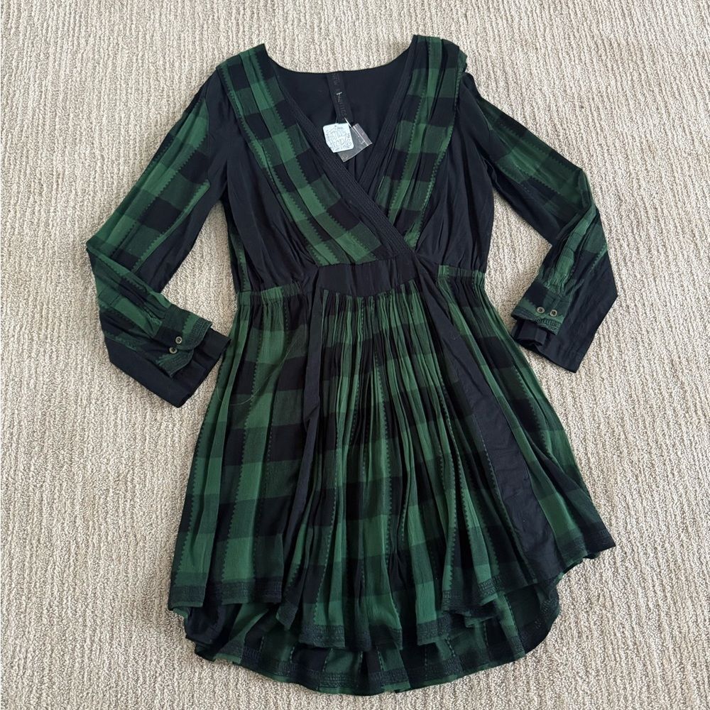 New Romantics Green And Black Plaid Long Sleeve Dress